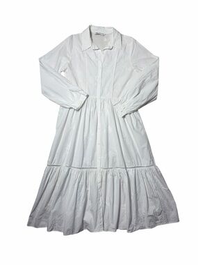 Zara White Cotton Long Sleeve Embroidered Midi Dress Womans M